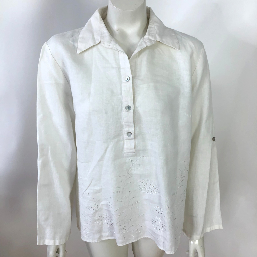 Richard Malcolm Large Popover 100% Linen Button Long Sleeve Shirt Eyelet White